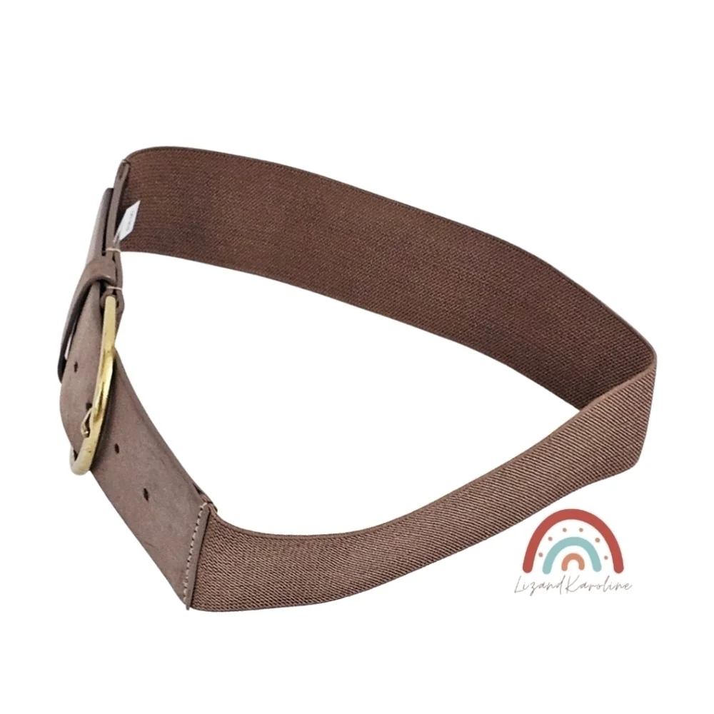 New! Faux Leather Wide Brass Buckle Stretchy Dark Taupe Belt S/M